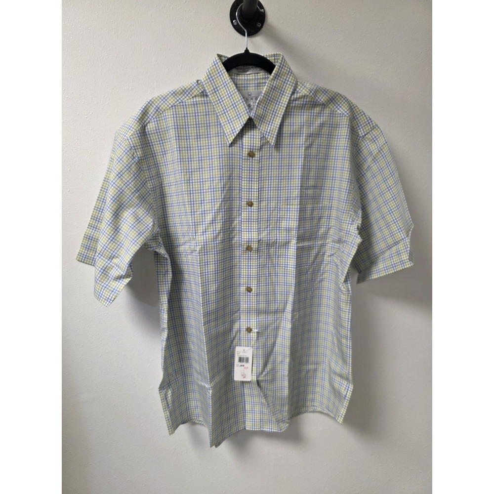 ENRO Men's Non-Iron Short Sleeve Shirt Medium Blue Green Plaid‎ - Cotton NWT